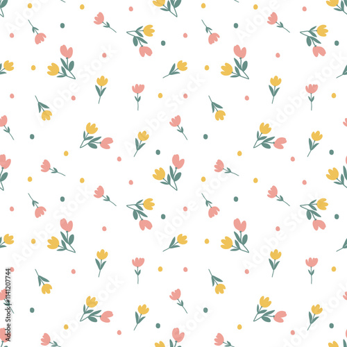 Cute pastel tulip flower element, leaves and dot white background. Abstract floral seamless pattern.
