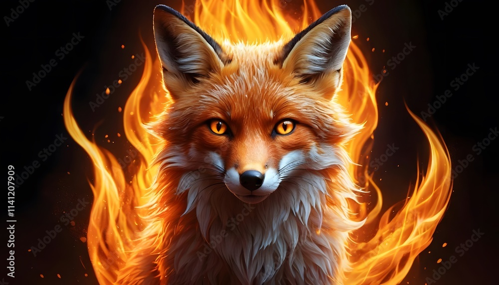 Fiery Fox: Majestic Red Fox Emerging from Blazing Inferno Fiery Fox: Majestic Red Fox Emerging from Blazing Inferno