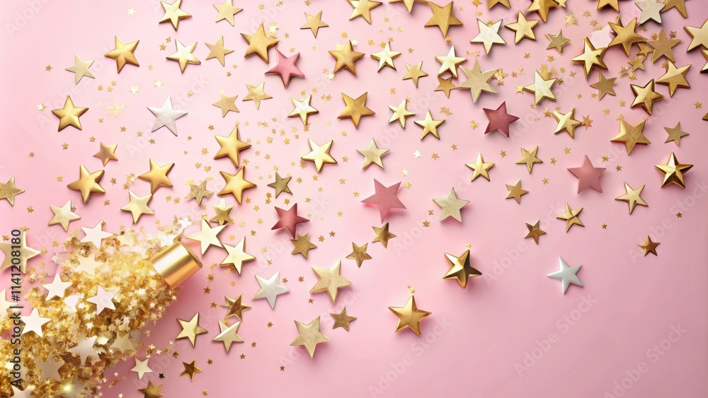 Fototapeta premium Celebratory atmosphere with gold star confetti floating gently on a soft pink background, filling the air with joyful energy , celebration, confetti popper