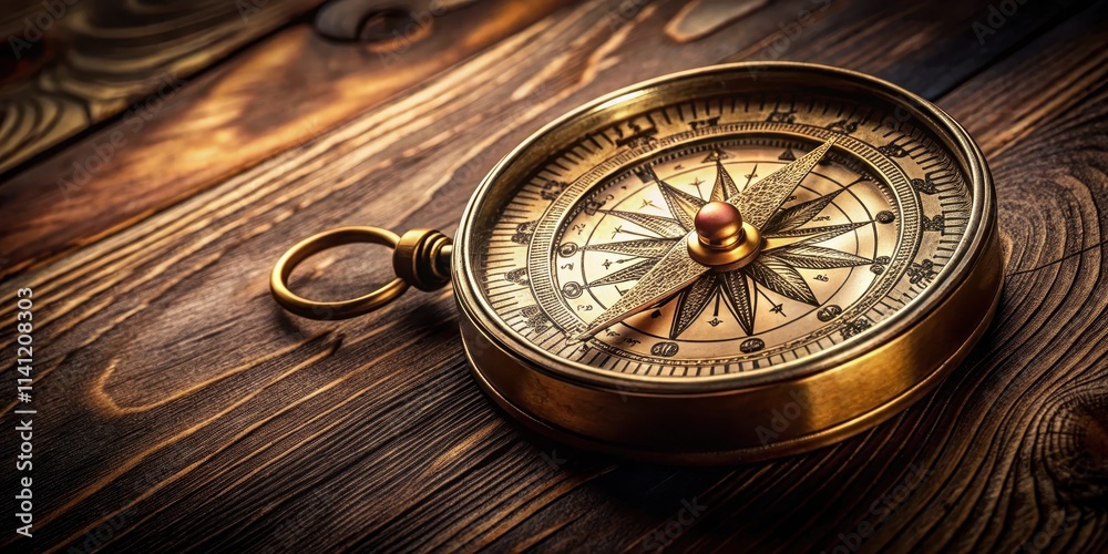 A detailed close-up of a brass compass with ornate details such as engravings and etchings on the surface, set against a dark wooden background , compass, navigation instrument A detailed close-up of a brass compass with ornate details such as engravings and etchings on the surface, set against a dark wooden background , compass, navigation instrument