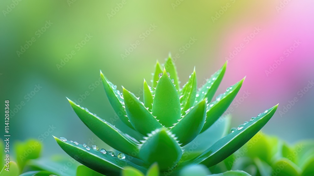 Fototapeta premium Dew Drops on Succulent Plant Close Up Macro Photography of Green Leaves Lush Nature Bot