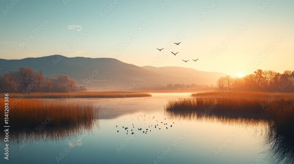 Serene sunrise over a misty lake with birds. Serene sunrise over a misty lake with birds.