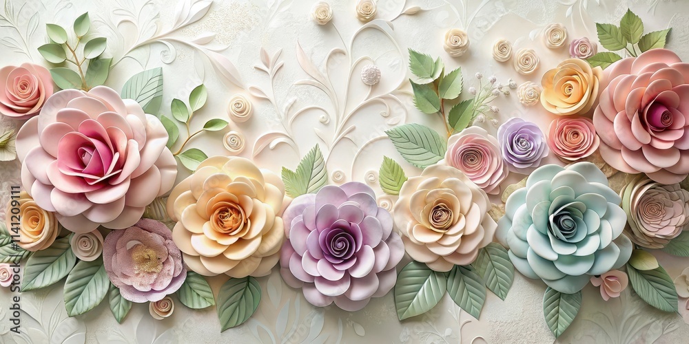 A delicate arrangement of colorful paper roses on a soft white background, with intricate details and subtle textures creating an ethereal atmosphere , floral pattern, vintage charm A delicate arrangement of colorful paper roses on a soft white background, with intricate details and subtle textures creating an ethereal atmosphere , floral pattern, vintage charm