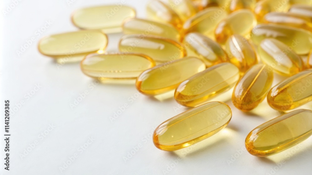 Close-up of vitamin oil capsules on a white background, health, supplement, omega-3, wellness, nutrition Close-up of vitamin oil capsules on a white background, health, supplement, omega-3, wellness, nutrition