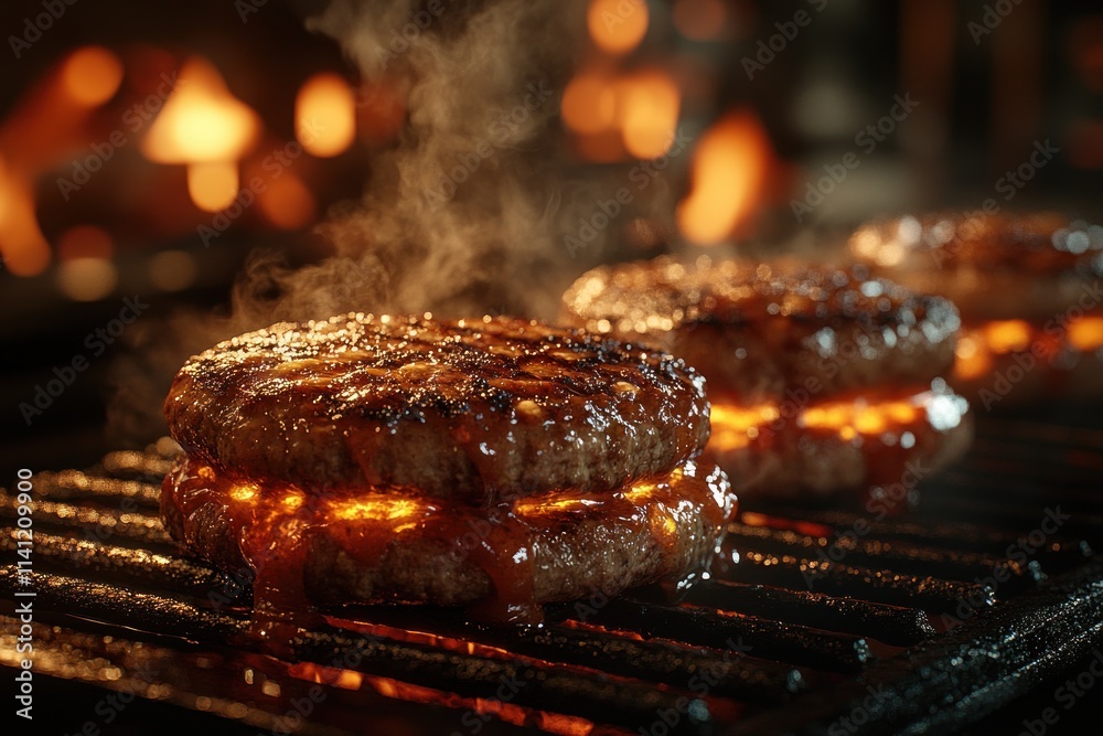 Sizzling Burger Patties on Grill with Smoke and Toppings in Dramatic Lighting Sizzling Burger Patties on Grill with Smoke and Toppings in Dramatic Lighting