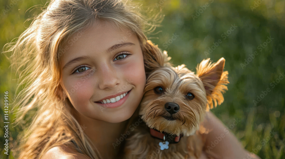 Fototapeta premium Caucasian blond girl holding pet dog playing on grass outside together