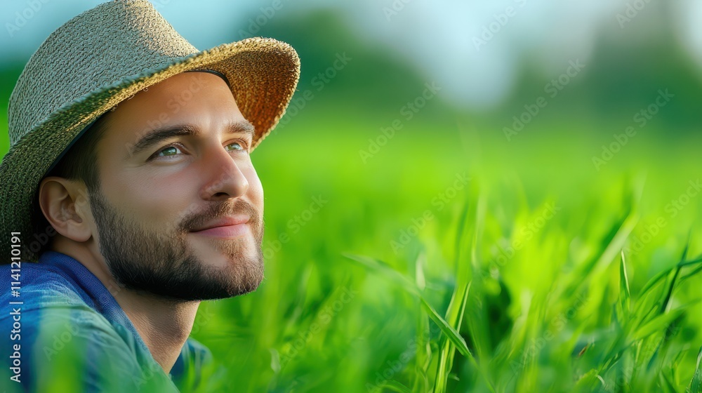 Man in Straw Hat Relaxing in Lush Green Grass Field   Summer  Nature  Peaceful  Hopeful  F