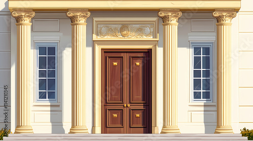 Classic wooden door with ionic columns and an entablature. Ionic. Illustration