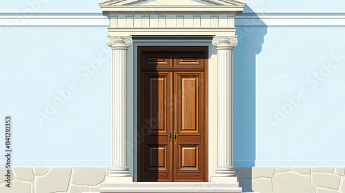 Classic wooden door with ionic columns and an entablature. Ionic. Illustration
