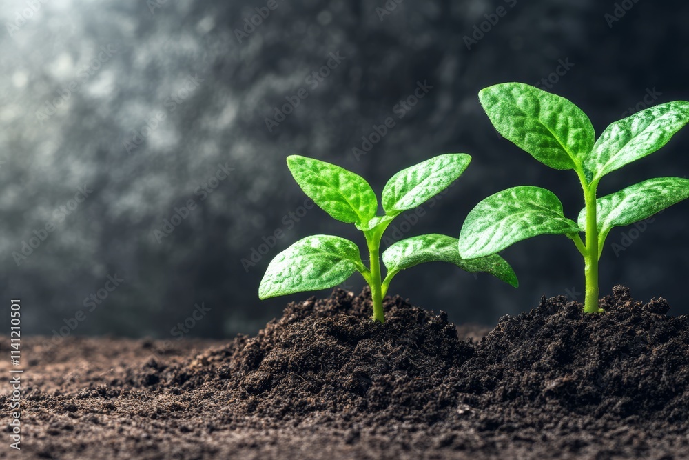 Fototapeta premium Two vibrant green seedlings sprout from rich dark soil against a blurred background.