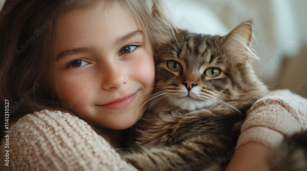 Australian girl holding pet cat kitten playing on living room together Australian girl holding pet cat kitten playing on living room together