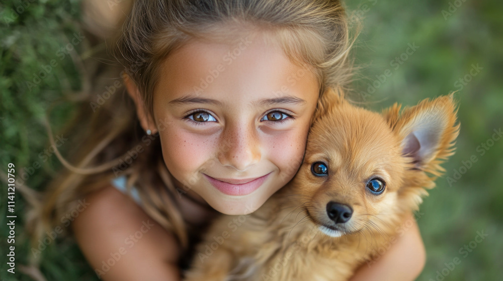 French girl holding pet dog playing on grass outside together