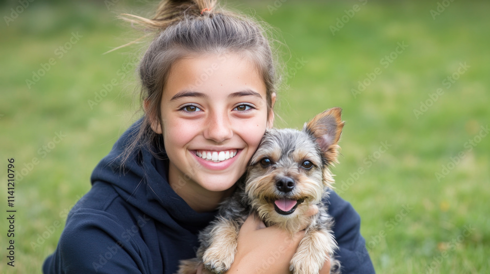 Germany girl holding pet dog playing on grass outside together Germany girl holding pet dog playing on grass outside together
