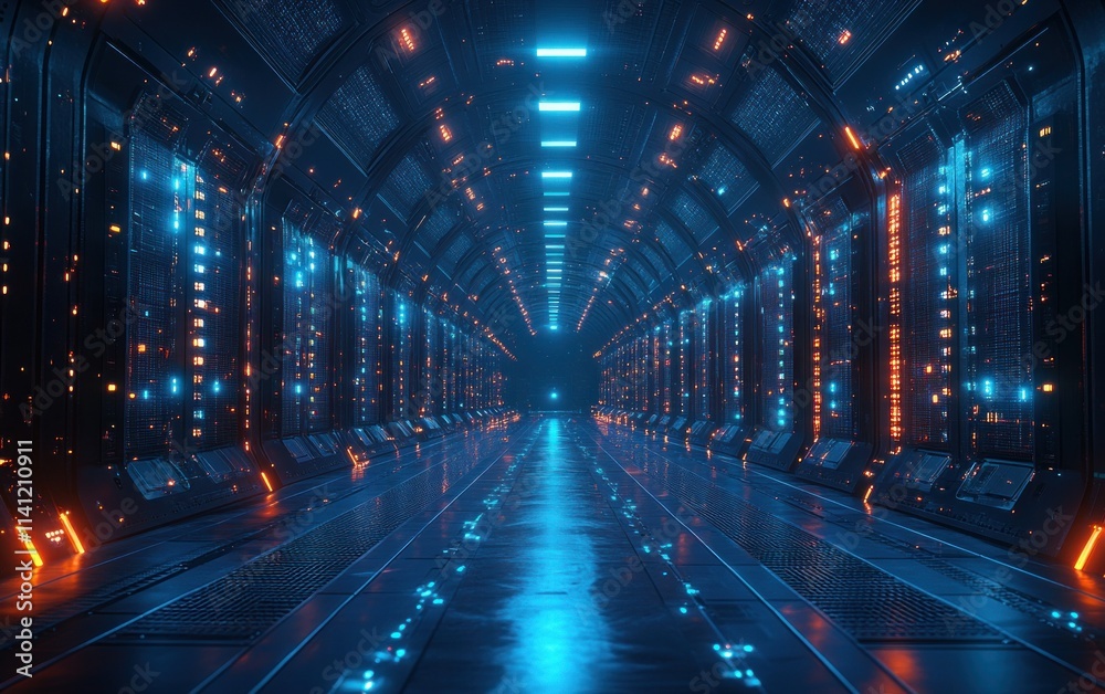 Futuristic Cyberpunk Data Center Corridor with Neon Lights and Reflective Floors Futuristic Cyberpunk Data Center Corridor with Neon Lights and Reflective Floors