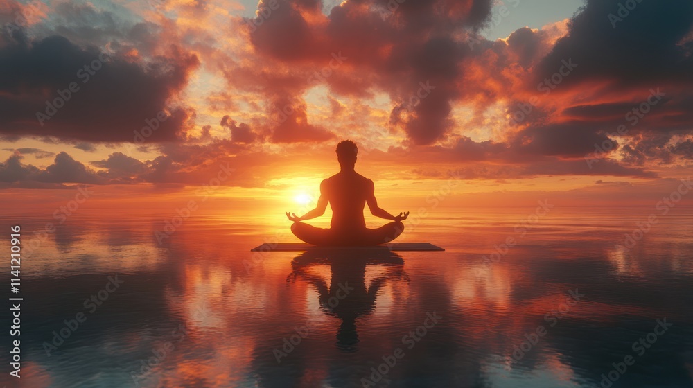 Silhouette of a person meditating in lotus position during a vibrant sunset over calm water. Silhouette of a person meditating in lotus position during a vibrant sunset over calm water.