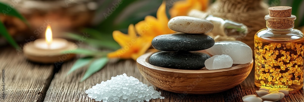 Tranquil Spa Setup with Natural Stones, Essential Oils, and Candles for Relaxation and Beauty Treatment at Home
