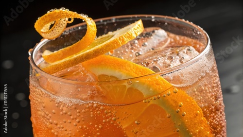 A closeup of the rim of a glass filled with luminous bright orange drink adorned with a delicate twist of citrus peel. The texture of the liquid is alive with effervescence