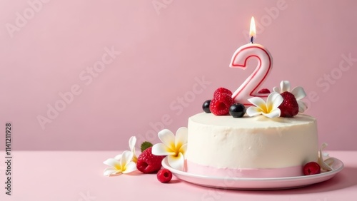 A beautiful cake decorated with berries and flowers sits on a plate, featuring a vibrant number two candle on top. This delightful dessert is perfect for a joyous second birthday celebration. photo