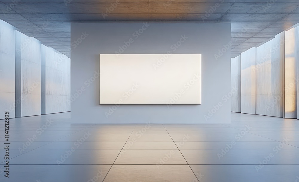 Modern minimalist gallery space with blank canvas on tiled wall and soft lighting Modern minimalist gallery space with blank canvas on tiled wall and soft lighting
