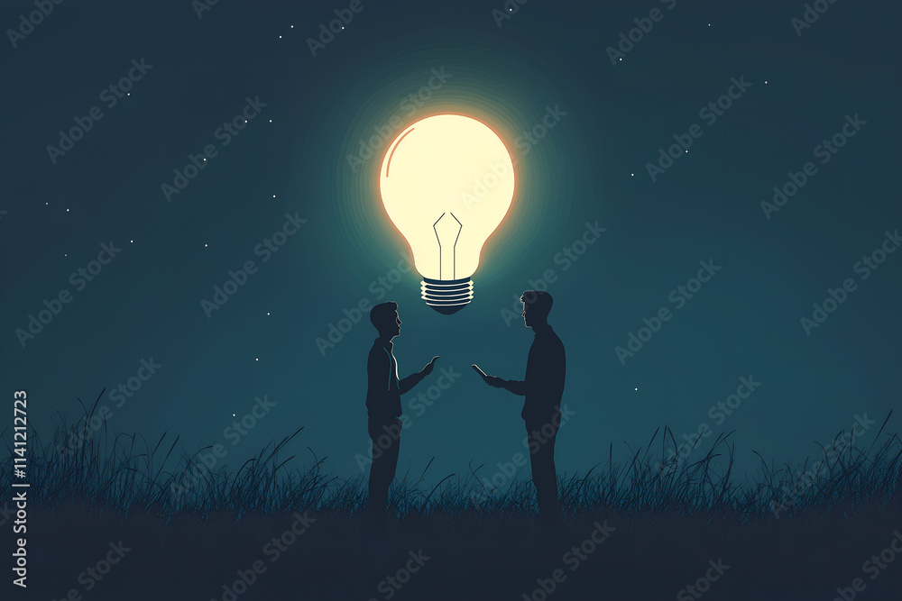 Coworkers sharing ideas under a glowing light bulb in a minimalistic style, business concept vector illustrations Coworkers sharing ideas under a glowing light bulb in a minimalistic style, business concept vector illustrations
