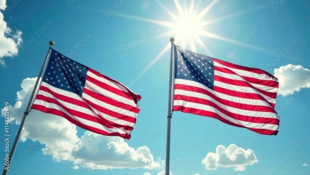 Two American flags proudly wave in the wind beneath a clear blue sky filled with fluffy clouds, illuminated by the bright midday sun, symbolizing patriotism and national pride. Two American flags proudly wave in the wind beneath a clear blue sky filled with fluffy clouds, illuminated by the bright midday sun, symbolizing patriotism and national pride.