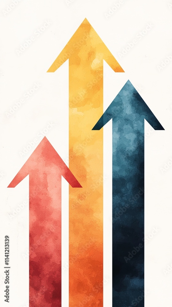 Fototapeta premium A vibrant illustration featuring three upward arrows in red, orange, and blue, symbolizing growth, progress, and forward movement.