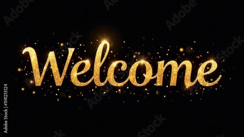Bright gold Welcome lettering with sparkling effects against a black background creates a festive atmosphere, ideal for events, celebrations, and gatherings, inviting guests warmly.