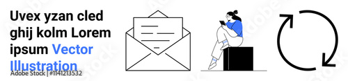 Open envelope containing a letter, seated woman using a mobile device, circular arrow icon indicating refresh. Ideal for communication, tech updates, email marketing, user engagement, notifications