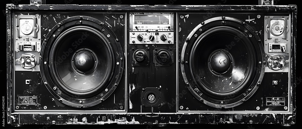 Fototapeta premium Black music speaker wall background with two large subwoofers