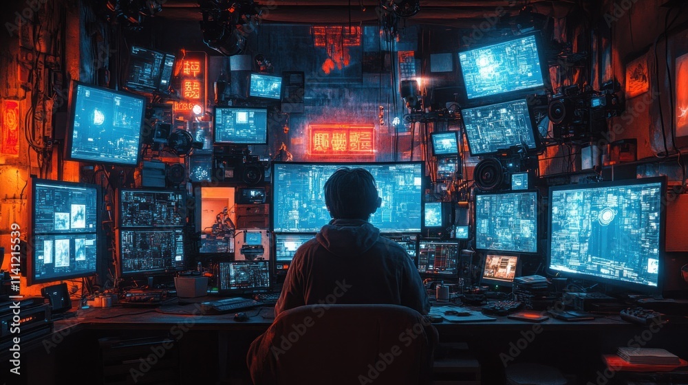Cyberpunk CCTV Technician Surrounded by Monitors and Neon Lights Cyberpunk CCTV Technician Surrounded by Monitors and Neon Lights