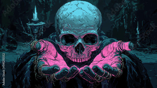 Pixel art necromancer hand holding skull bone ring dark fantasy eerie skeletal figure glowing magical ambiance gothic video game illustration mystical wallpaper cartoon comic witch character Halloween