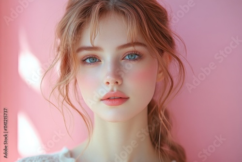 Elegant portrait of young Asian woman with perfect skin and K-beauty makeup on soft pink background for skincare advertising