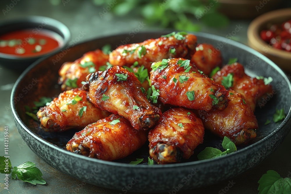 Golden Brown Fried Chicken Wings with Dipping Sauce on Vintage Checkered Tablecloth Golden Brown Fried Chicken Wings with Dipping Sauce on Vintage Checkered Tablecloth