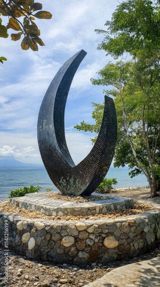 Fototapeta premium Abstract Crescent Sculpture by Ocean Landscape