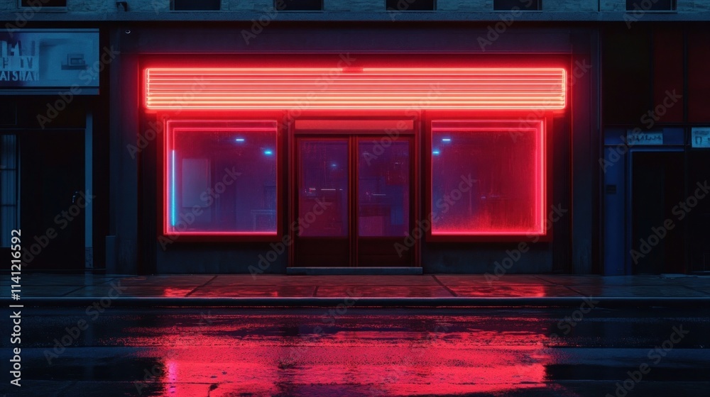 Neon Lit Movie Theatre Exterior at Night with Empty Lightbox Sign and Reflections Neon Lit Movie Theatre Exterior at Night with Empty Lightbox Sign and Reflections