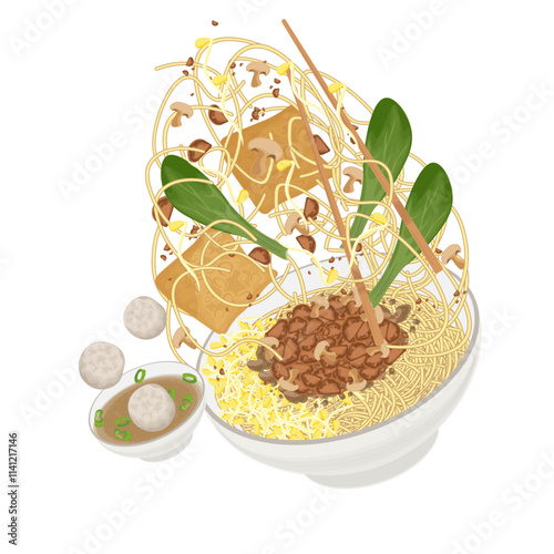 Vector Illustration Logo Clipart levitation Mie ayam Bangka or Indonesian Chicken noodles soup 