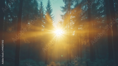 Golden Forest Sunbeams: A majestic sunbeams piercing through a dense forest, creating a radiant and ethereal glow. The golden light illuminates the trees.