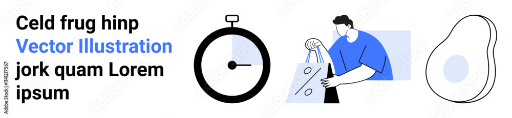 Individual holding shopping bags, stopwatch, abstract shape. Ideal for e-commerce, time management, online shopping, efficiency, consumer behavior retail trends productivity. Landing page Individual holding shopping bags, stopwatch, abstract shape. Ideal for e-commerce, time management, online shopping, efficiency, consumer behavior retail trends productivity. Landing page
