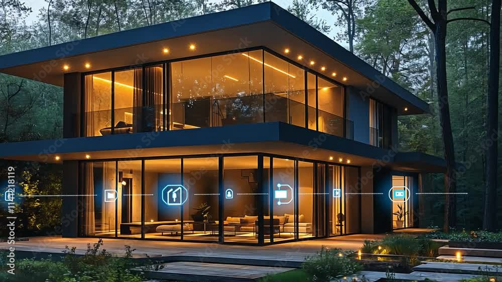Contemporary smart home exterior at dusk with illuminated landscape and digital security features Contemporary smart home exterior at dusk with illuminated landscape and digital security features