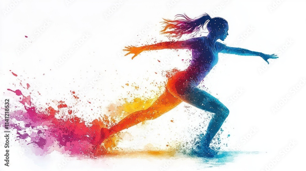 Dynamic Dancer Silhouette with Colorful Motion Splashes on Minimalist White Background Dynamic Dancer Silhouette with Colorful Motion Splashes on Minimalist White Background