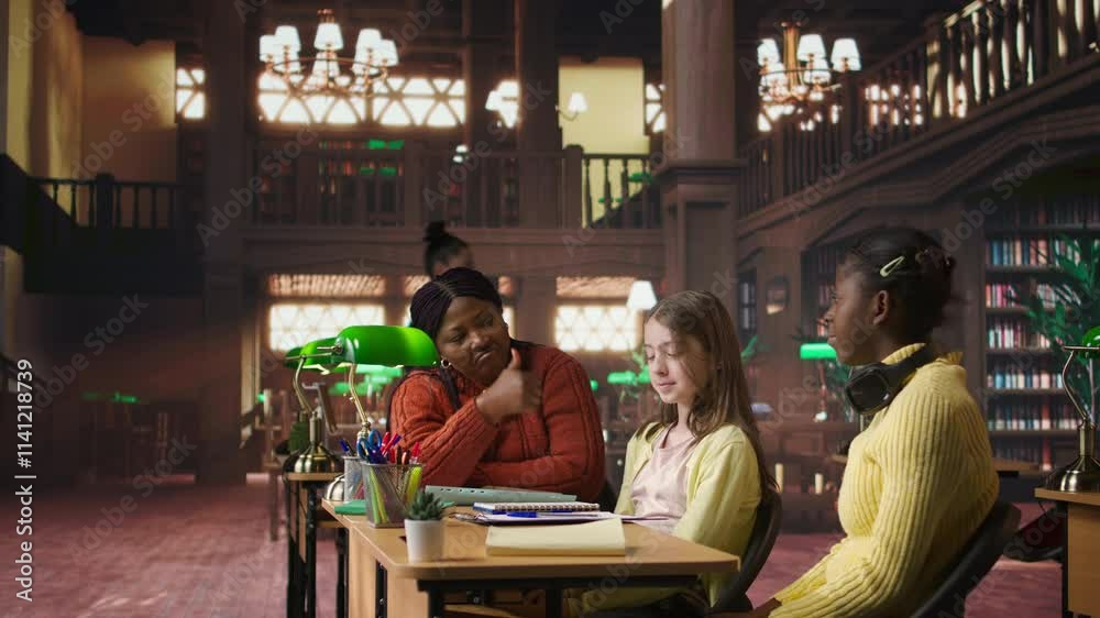 African american teacher providing instruction to diverse girls during private sessions, assisting with homework and school projects in a library. Doing tutoring activity for success. Camera A. African american teacher providing instruction to diverse girls during private sessions, assisting with homework and school projects in a library. Doing tutoring activity for success. Camera A.