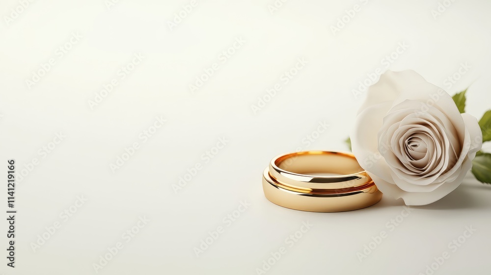 Minimalist Wedding Design: Gold Rings and White Rose with Space for Text Minimalist Wedding Design: Gold Rings and White Rose with Space for Text