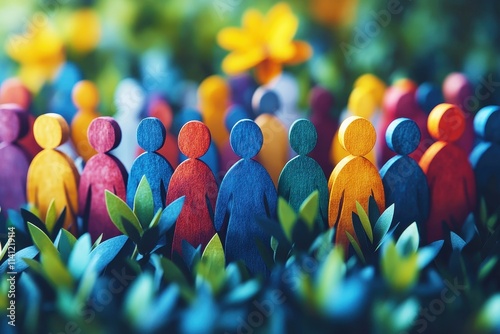 Colorful wooden figures in a vibrant garden setting surrounded by greenery and blooming flowers, representing community and togetherness concept