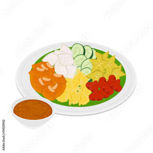 Vector Illustration Logo Clipart Indonesian Food Rujak buah lotis or lutis with Spicy Brown Sugar Sauce 