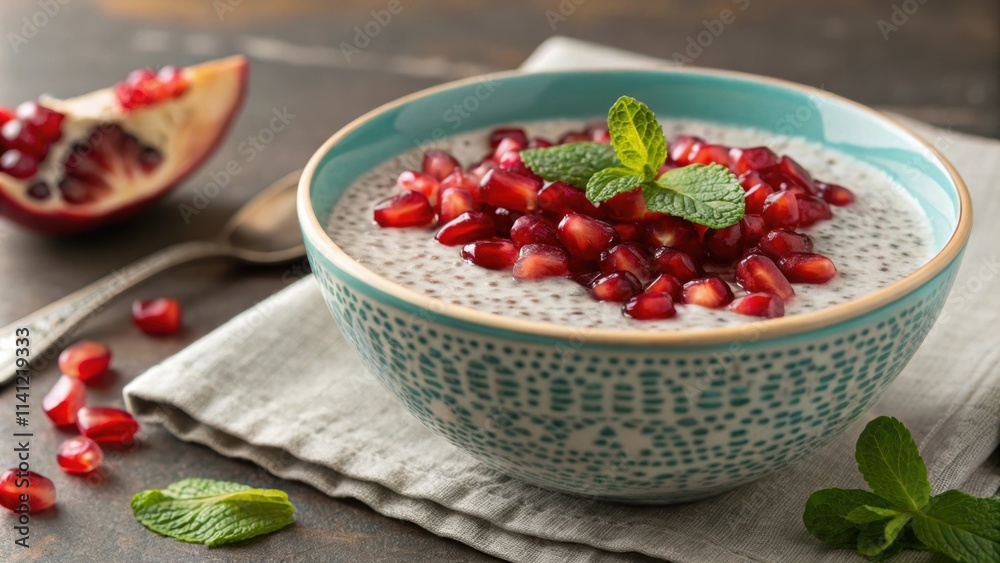 A closeup shot captures the mesmerizing texture of a bowl of chia pudding where the tiny gelatinous seeds are suspended in a creamy almond milk base. A cascade of juicy A closeup shot captures the mesmerizing texture of a bowl of chia pudding where the tiny gelatinous seeds are suspended in a creamy almond milk base. A cascade of juicy