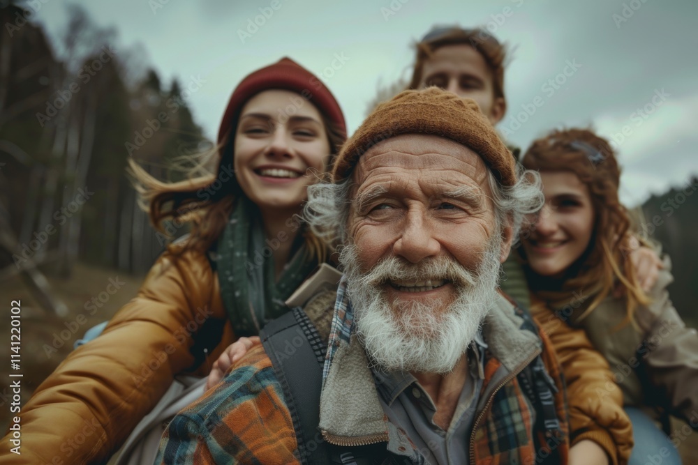 Group of friends hiking together in the forest. Group of young people with senior man. Group of friends hiking together in the forest. Group of young people with senior man.