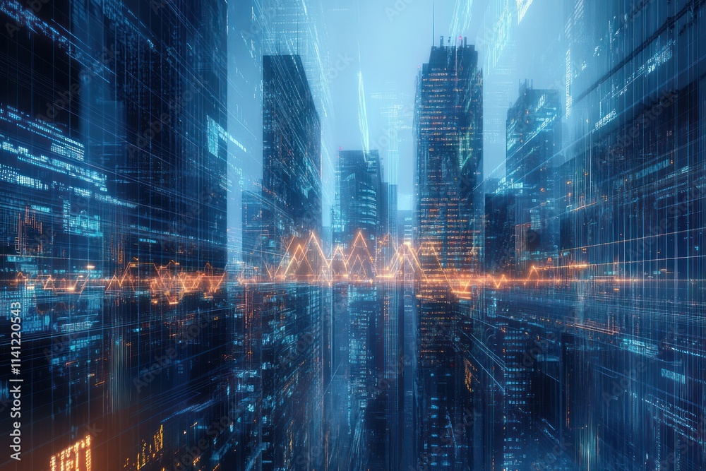 Futuristic Cityscape with Skyscrapers and Financial Data Graphs in Cyberpunk Style Futuristic Cityscape with Skyscrapers and Financial Data Graphs in Cyberpunk Style