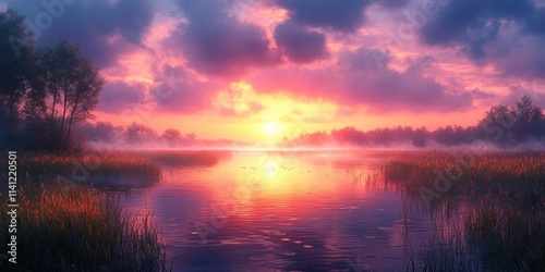 watercolor painting of tranquil marshland at dawn mist rising with vibrant colors of sky natural beauty landscape