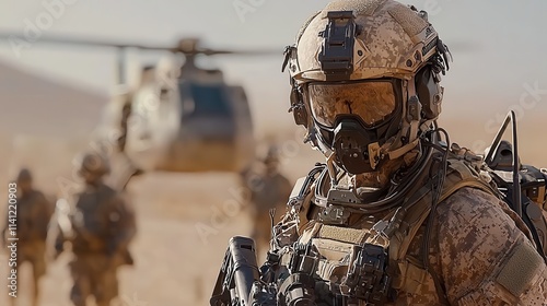 Soldier in advanced exoskeleton suit engaged in tactical operations near military helicopter action-packed scene in desert environment high-tech warfare concept
