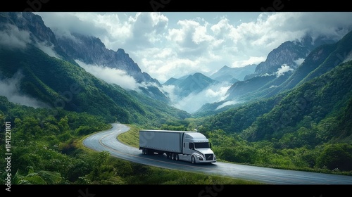 White truck with empty trailer on a winding highway through beautiful mountains and lush nature in daylight